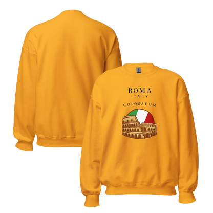 Yellow sweatshirt with Colosseum graphic and 'Roma Italy' text on a white background
