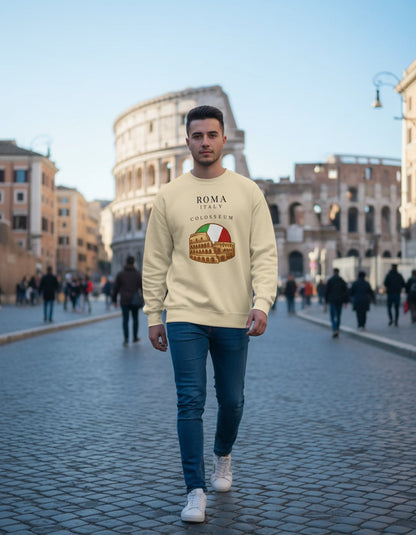 Man wearing a beige sweatshirt with Colosseum design in Rome