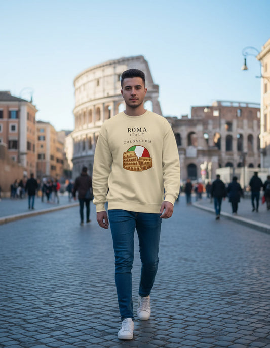 Man wearing a beige sweatshirt with Colosseum design in Rome