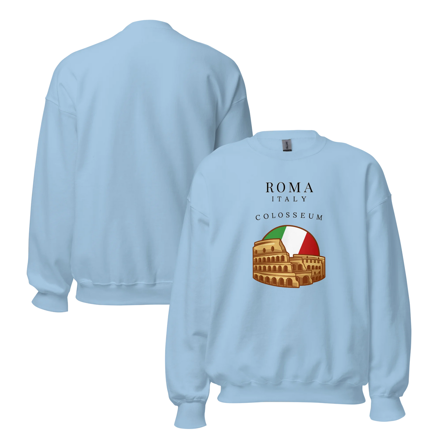 Light blue sweatshirt with Colosseum graphic and 'Roma Italy' text on a white background