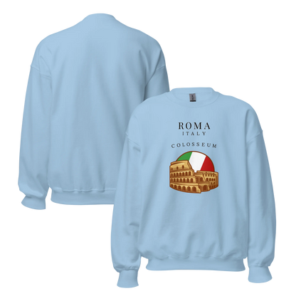 Light blue sweatshirt with Colosseum graphic and 'Roma Italy' text on a white background