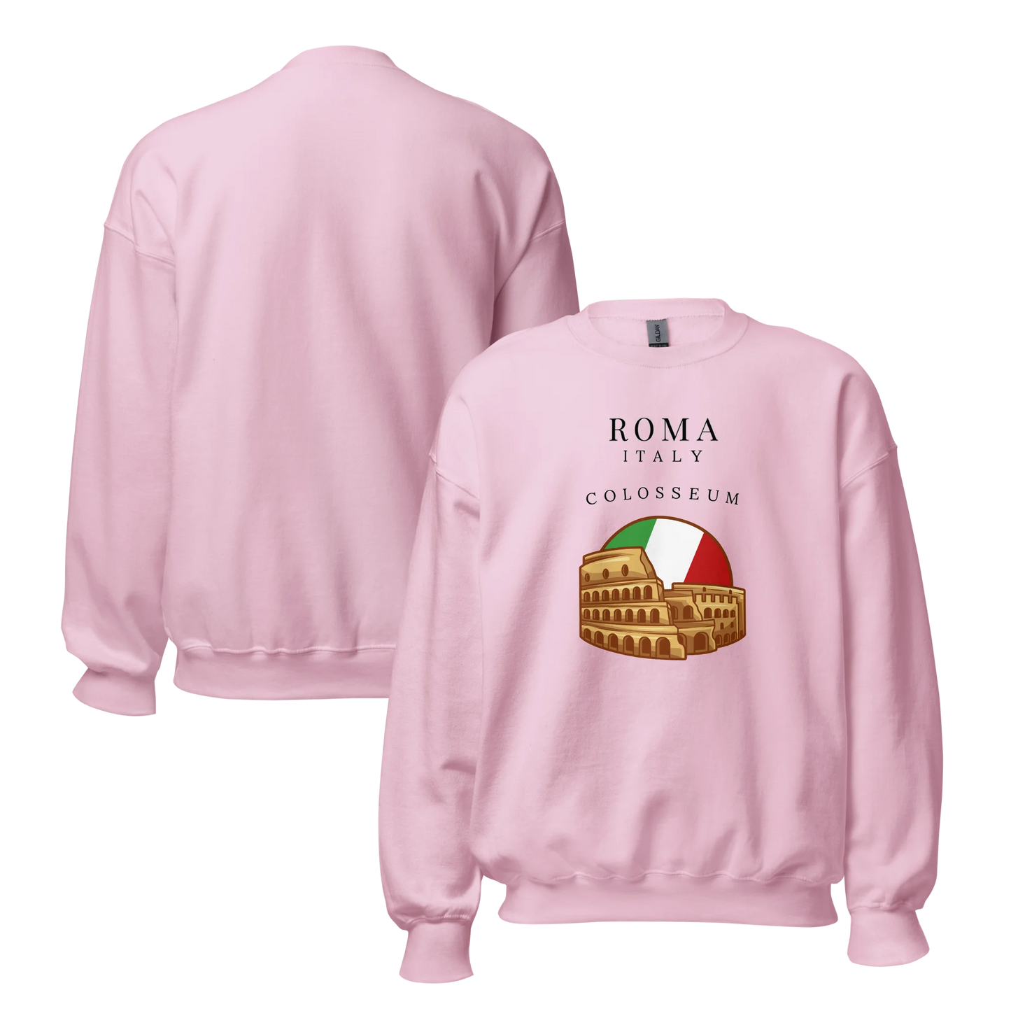 Pink sweatshirt with Colosseum graphic and 'Roma Italy' text on a white background