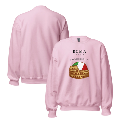Pink sweatshirt with Colosseum graphic and 'Roma Italy' text on a white background