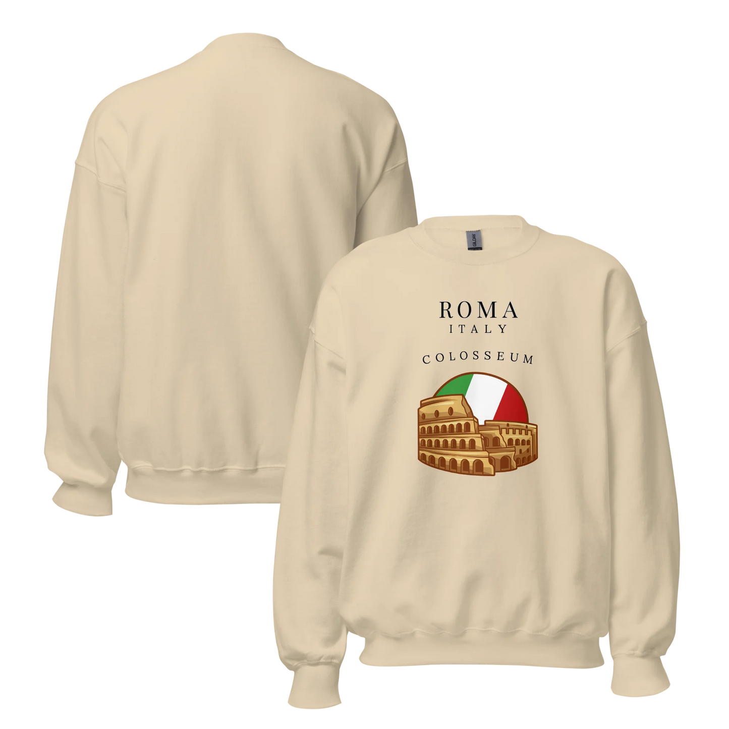 Beige sweatshirt with Colosseum graphic and 'Roma Italy' text on a white background