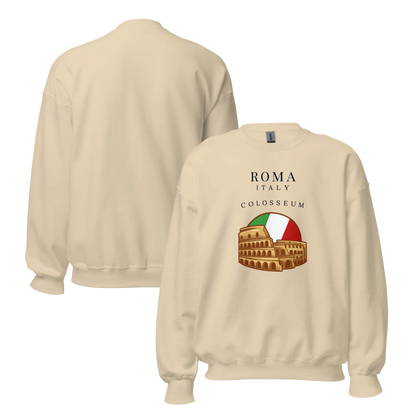 Beige sweatshirt with Colosseum graphic and 'Roma Italy' text on a white background