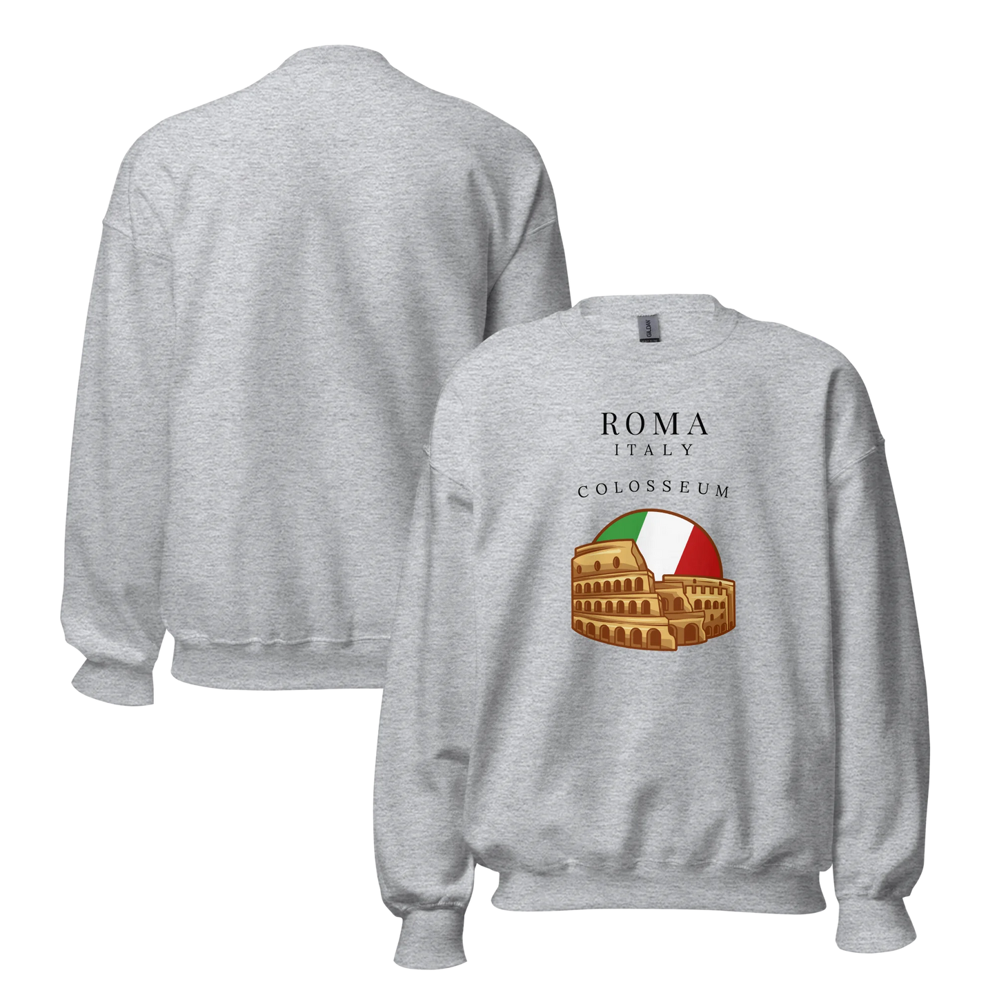 Gray sweatshirt with Colosseum graphic and 'Roma Italy' text on a white background