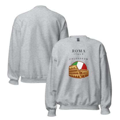 Gray sweatshirt with Colosseum graphic and 'Roma Italy' text on a white background
