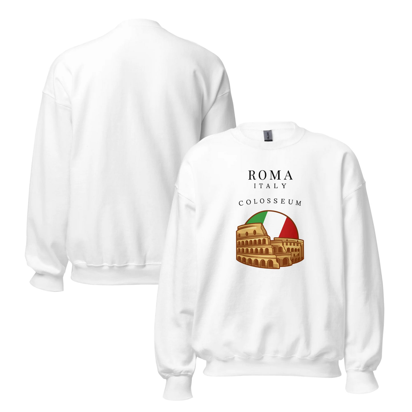 White sweatshirt with Colosseum graphic and 'Roma Italy' text on a white background