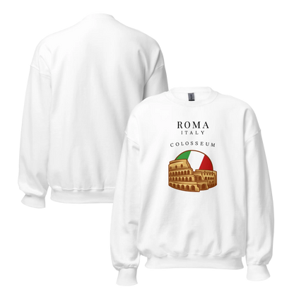 White sweatshirt with Colosseum graphic and 'Roma Italy' text on a white background