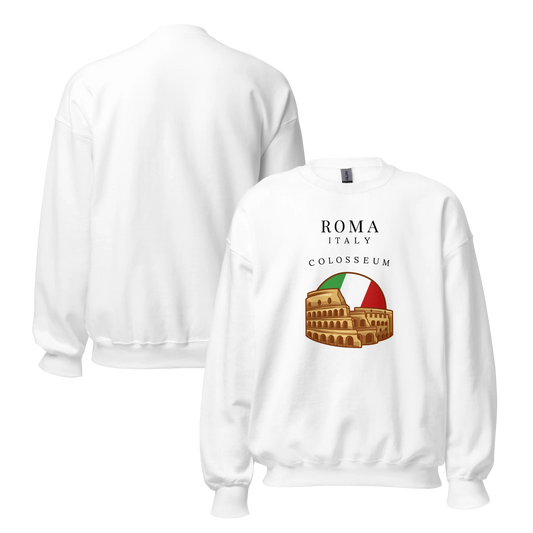 White sweatshirt with Colosseum graphic and 'Roma Italy' text on a white background