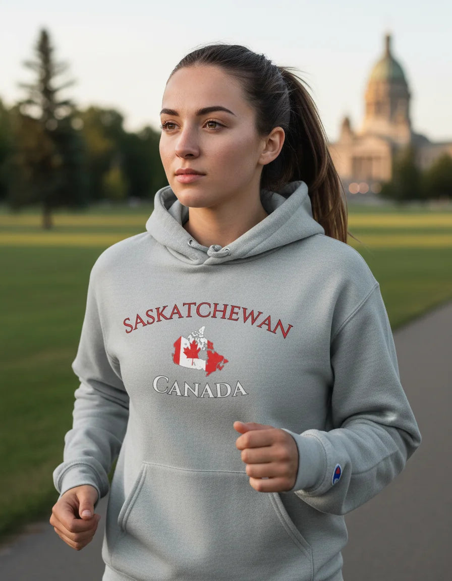 Person wearing a gray hoodie with 'Saskatchewan Canada' text and map design outdoors.