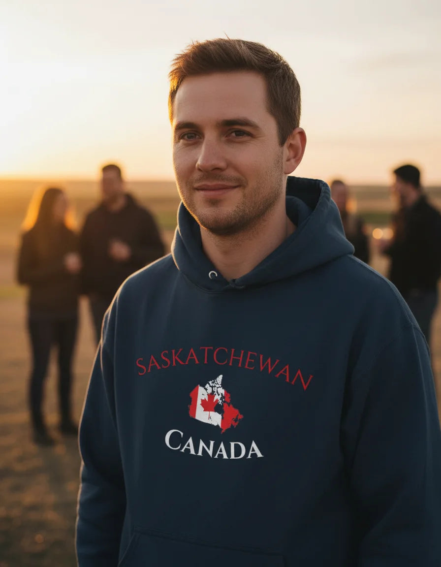 Man wearing a navy hoodie with 'Saskatchewan Canada' text and flag design, standing outdoors with blurred people in the background.