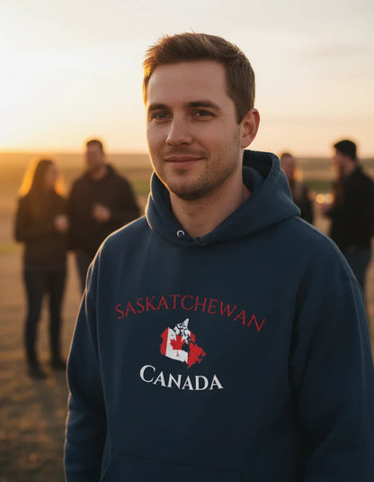 Man wearing a navy hoodie with 'Saskatchewan Canada' text and flag design, standing outdoors with blurred people in the background.