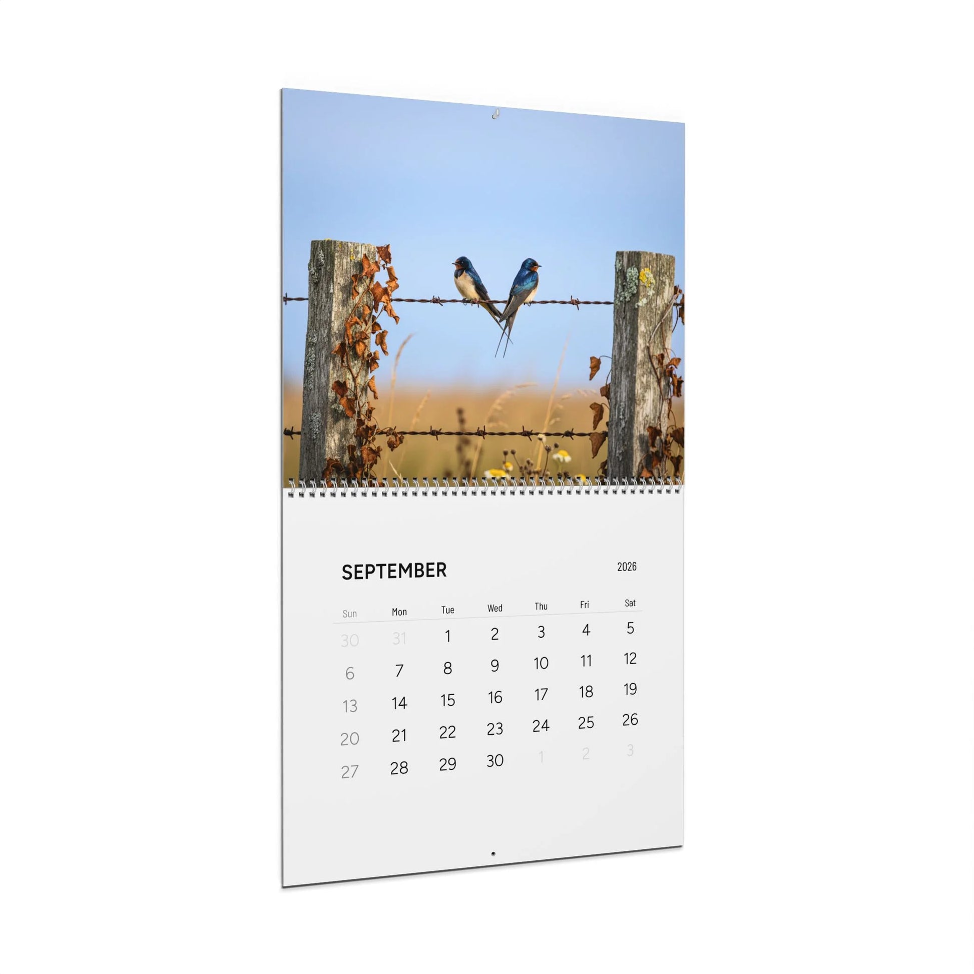 Calendar with a scenic design of two birds on a wire, featuring the month of September.