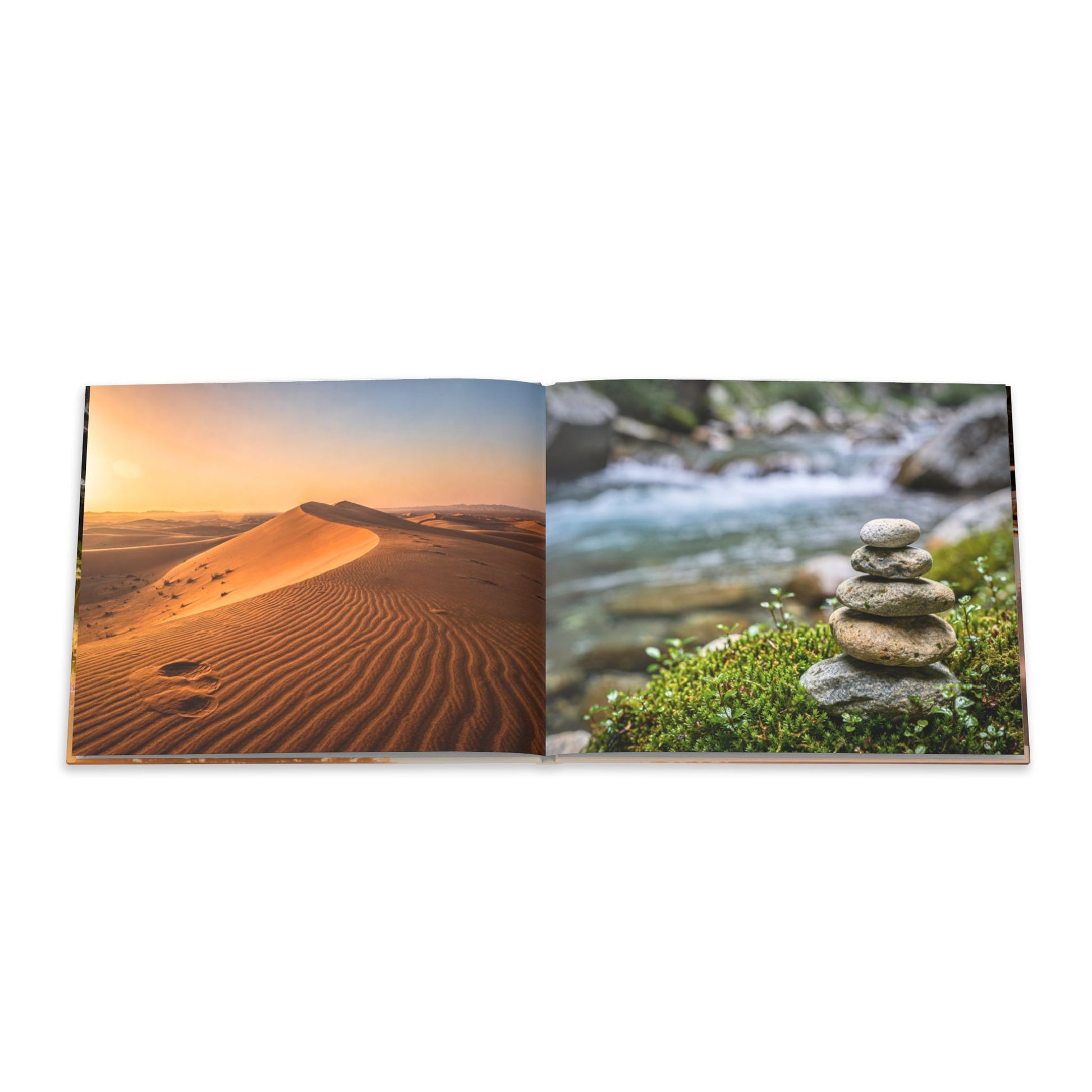Open book showing two scenic images: a desert landscape and a stream with stones.