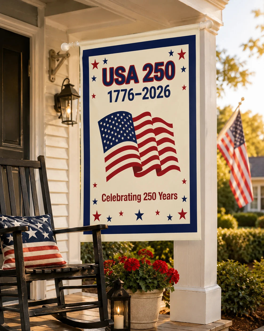 Decorative sign celebrating USA 250th anniversary on a porch with rocking chair and American flag.