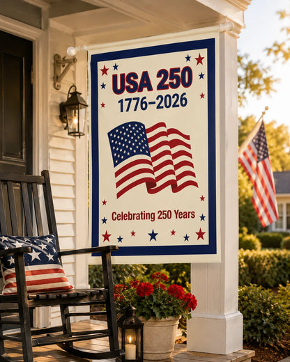 Decorative sign celebrating USA 250th anniversary on a porch with rocking chair and American flag.