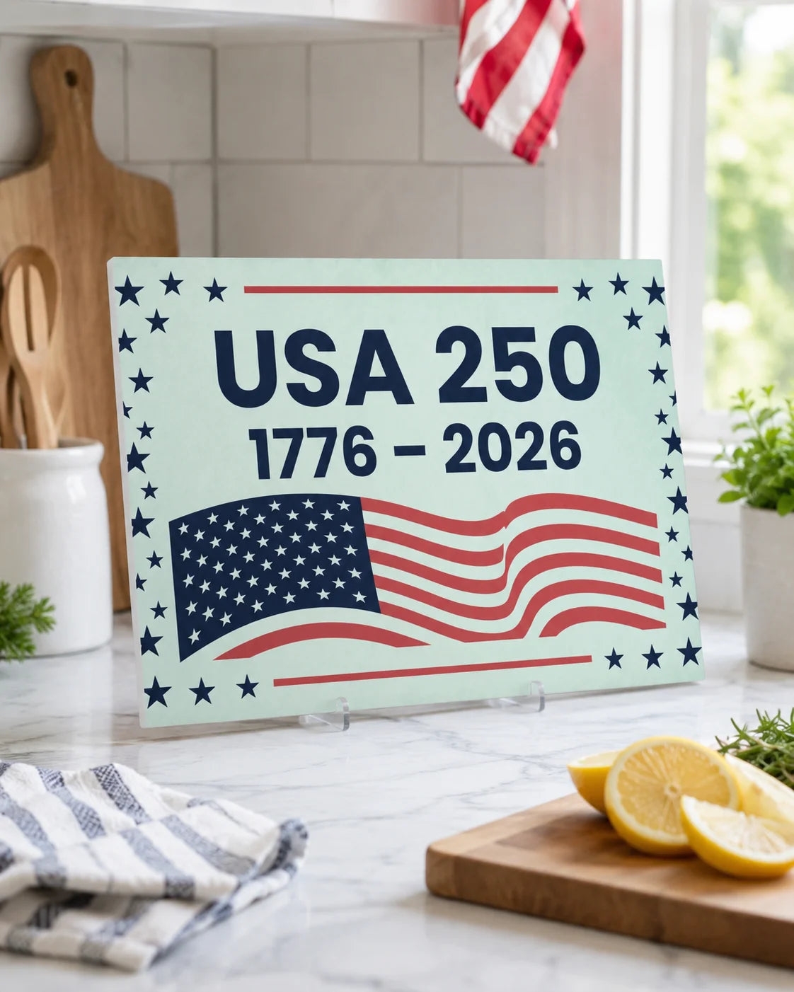 Decorative sign celebrating USA 250th anniversary with an American flag design on a kitchen counter.