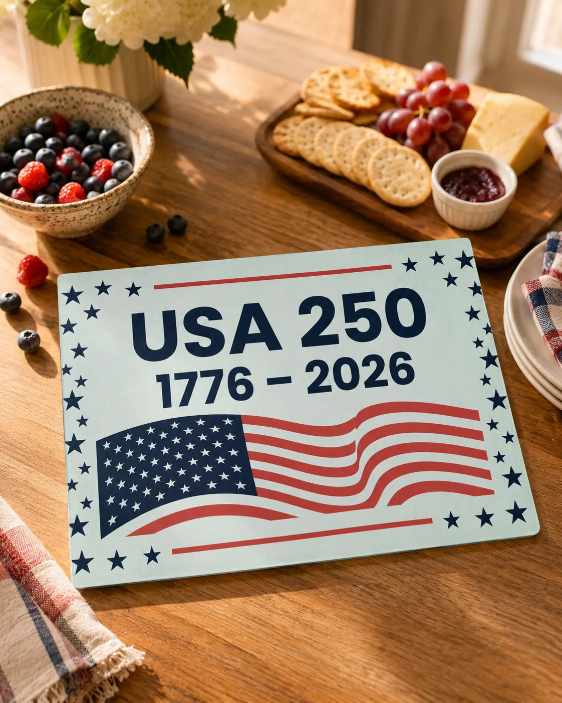 USA 250th anniversary sign on a table with snacks
