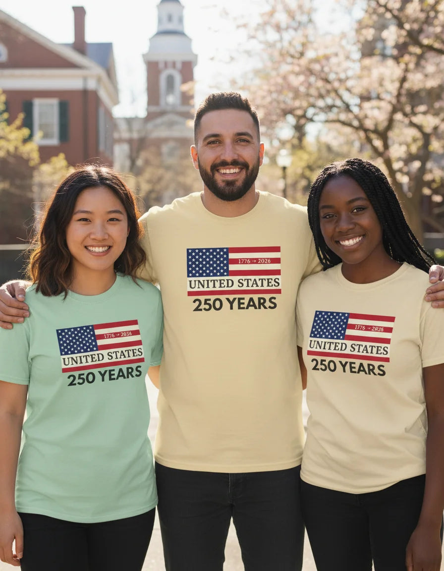 Three people wearing t-shirts celebrating the 250th anniversary of the United States.