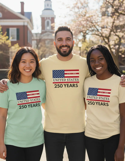 Three people wearing t-shirts celebrating the 250th anniversary of the United States.