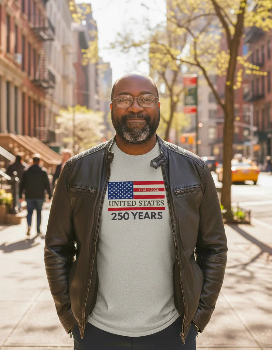 Man wearing a white t-shirt with an American flag design and text on a city street.