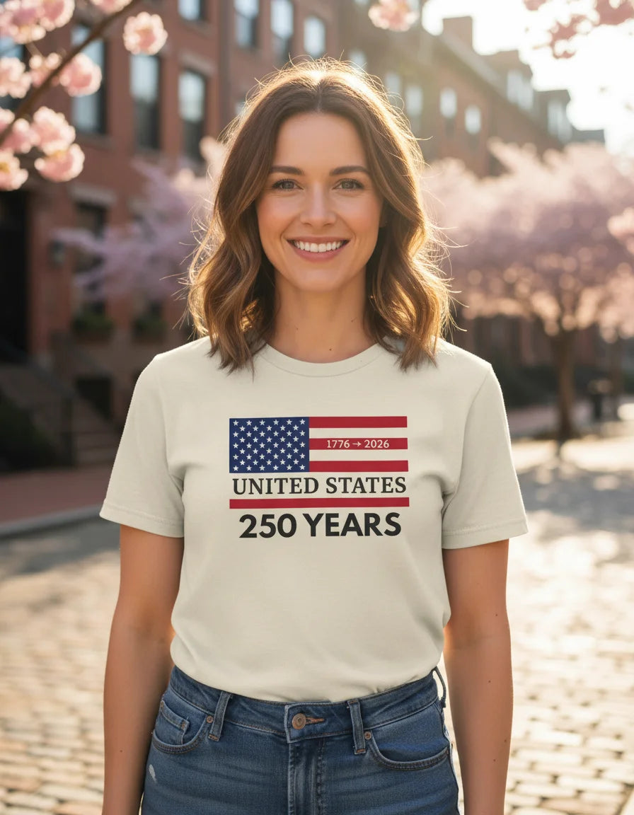 Woman wearing a t-shirt celebrating 250 years of United States, with cherry blossoms in the background.