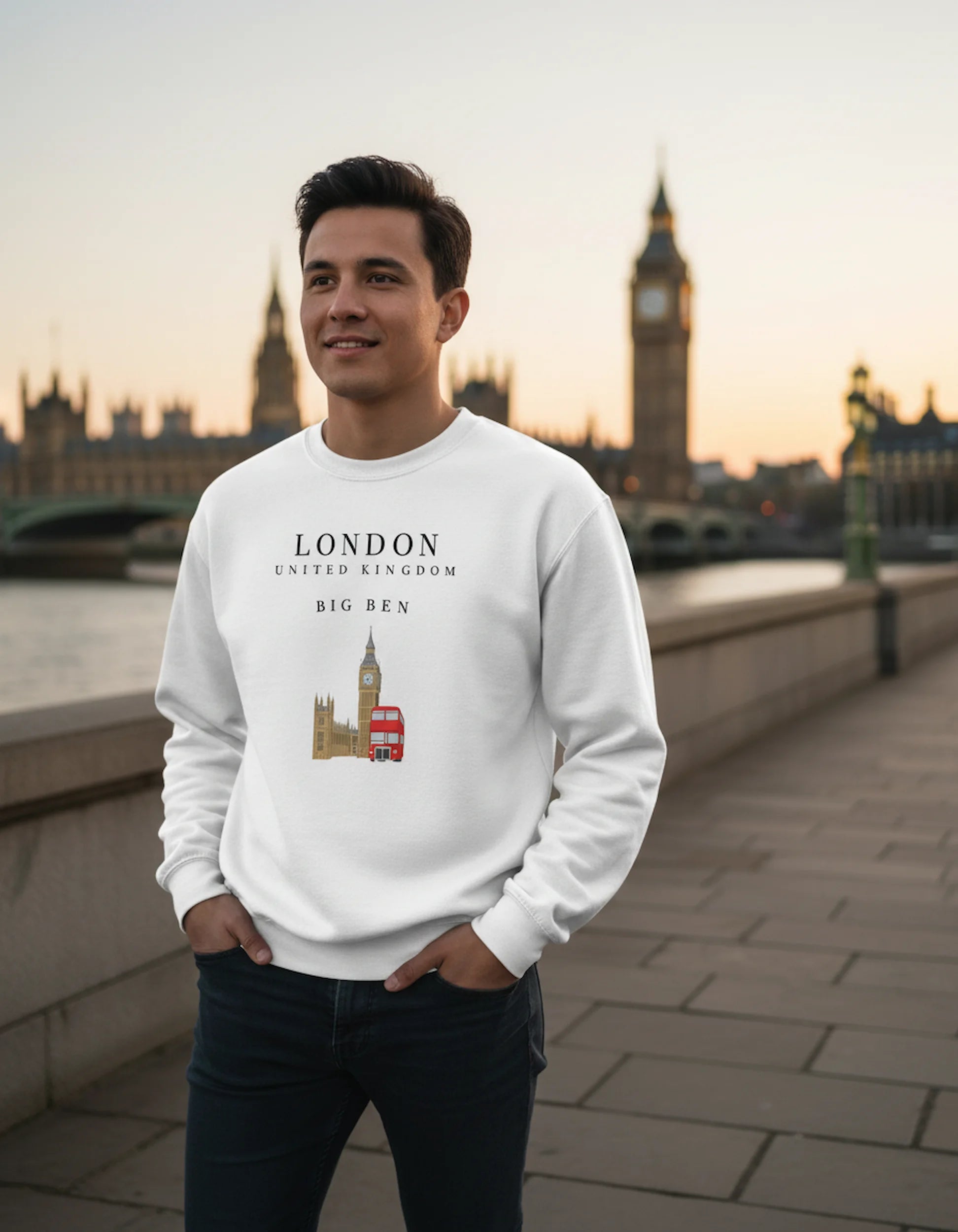 Man wearing a white sweatshirt with London-themed design in front of Big Ben.