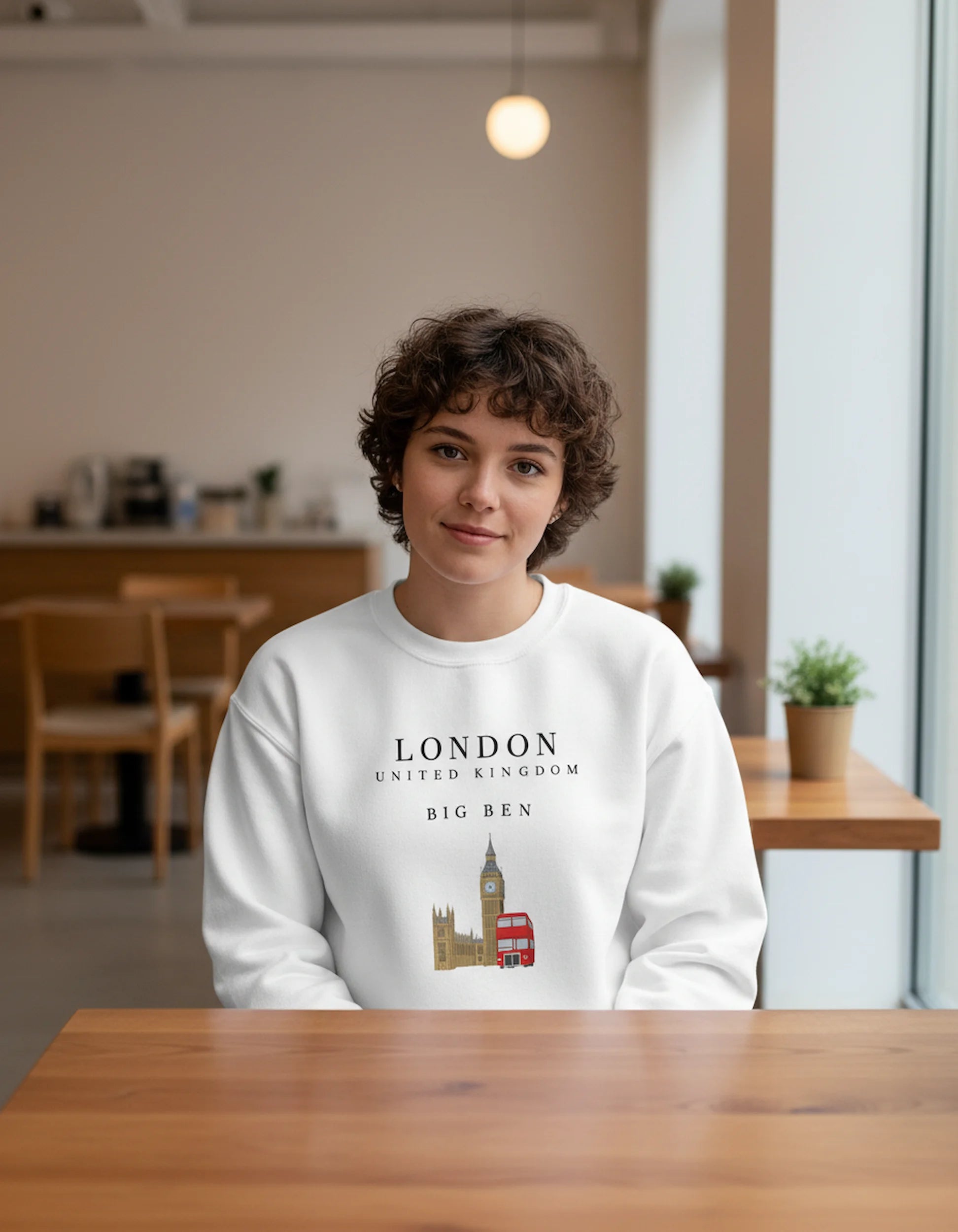 Person wearing a white sweatshirt with London-themed design in a casual setting.