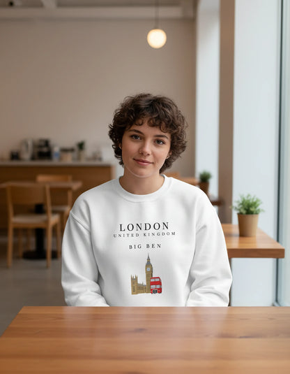 Person wearing a white sweatshirt with London-themed design in a casual setting.