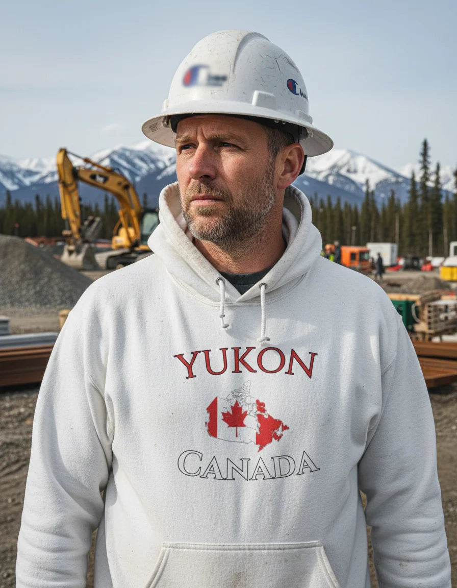 Man wearing a 'Yukon Canada' hoodie with a hard hat, standing in a construction site with mountains in the background.