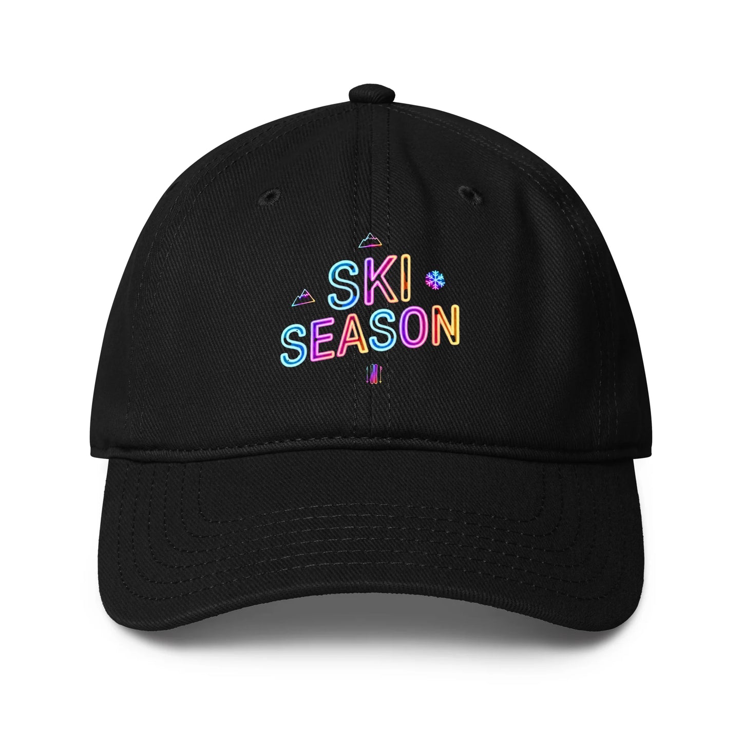 Black cap with 'Ski Season' text in colorful letters on a white background