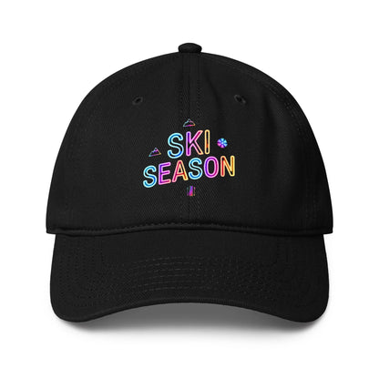 Black cap with 'Ski Season' text in colorful letters on a white background