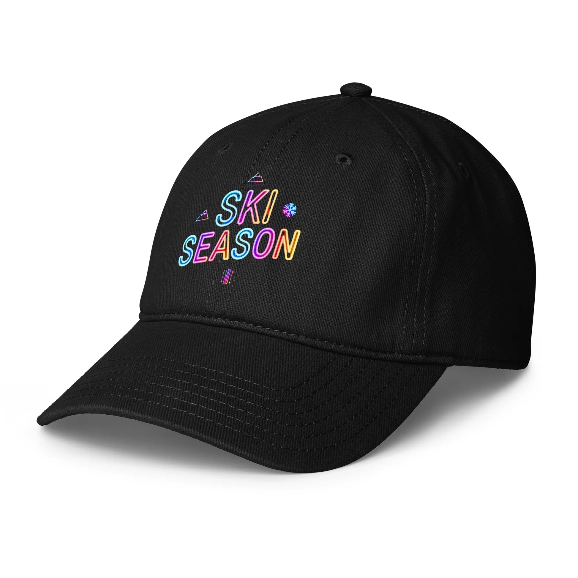 Black cap with 'Ski Season' text in colorful letters on a white background