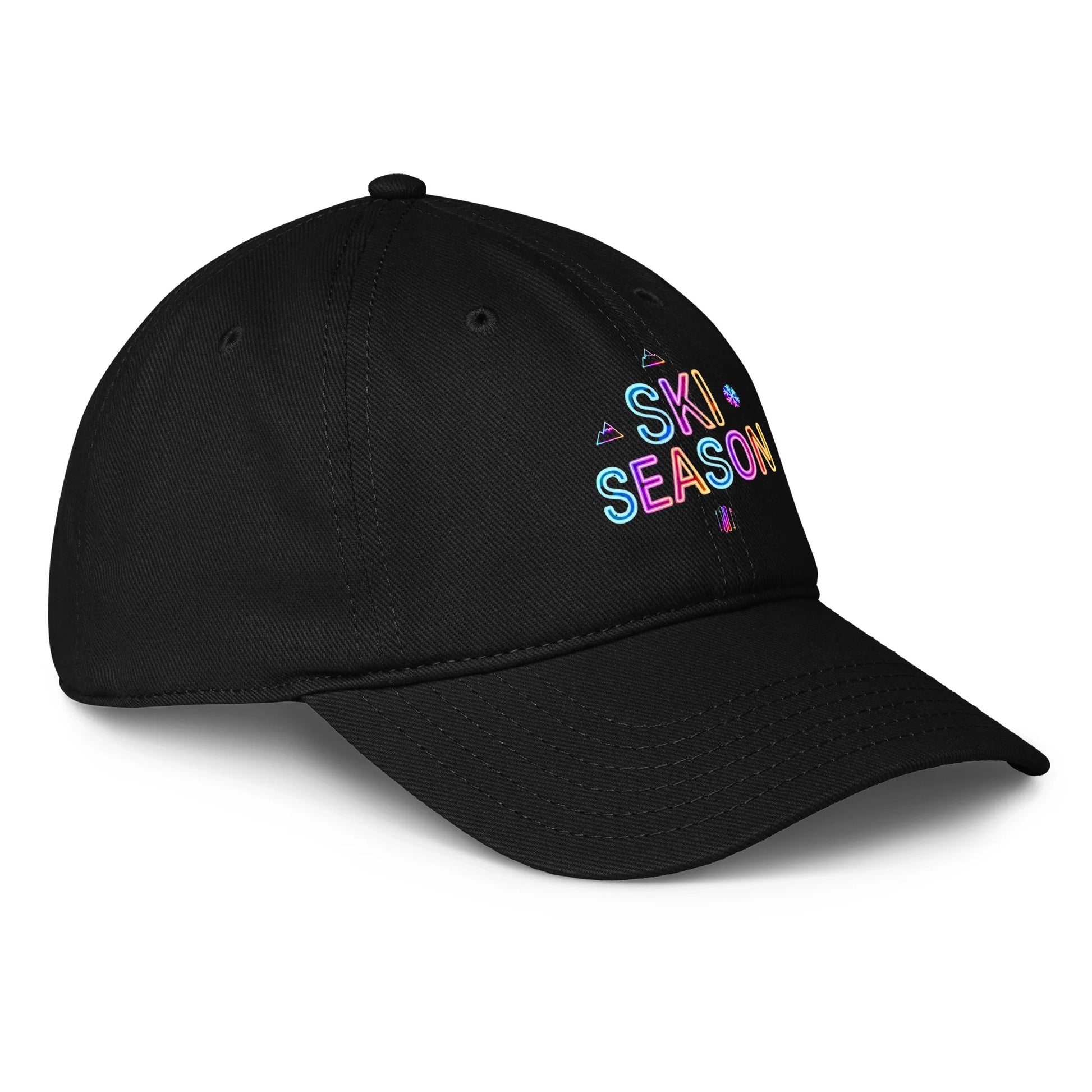 Black cap with 'Ski Season' in colorful letters on a white background