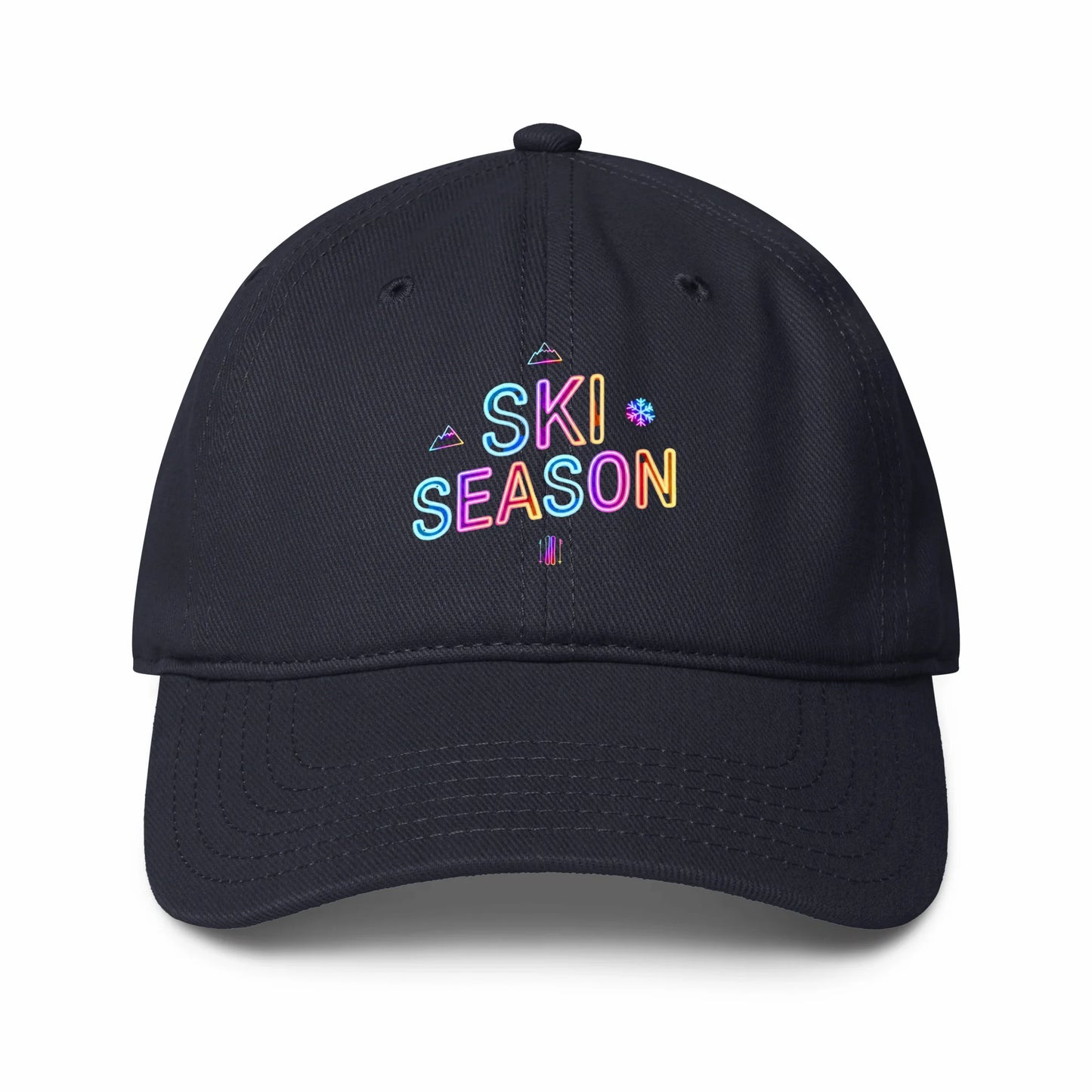 Navy Blue cap with 'Ski Season' text in colorful letters on a white background
