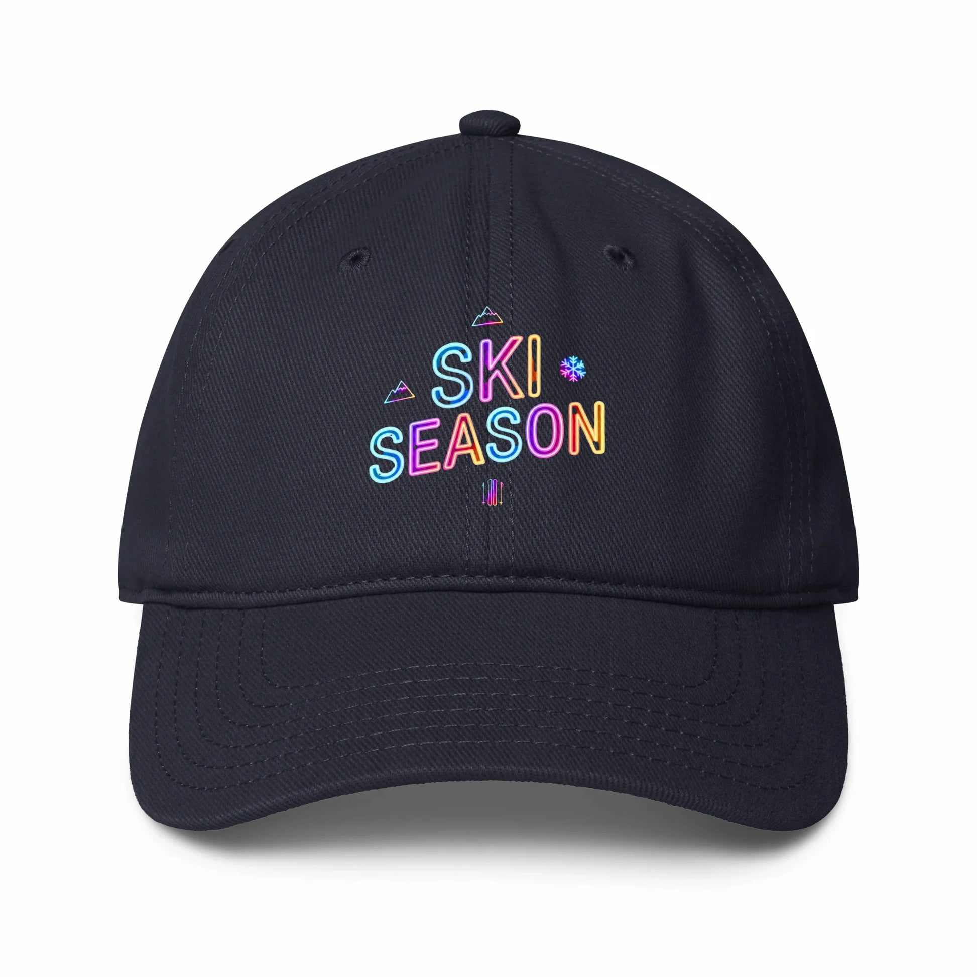 Navy Blue cap with 'Ski Season' text in colorful letters on a white background