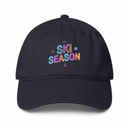 Navy Blue cap with 'Ski Season' text in colorful letters on a white background