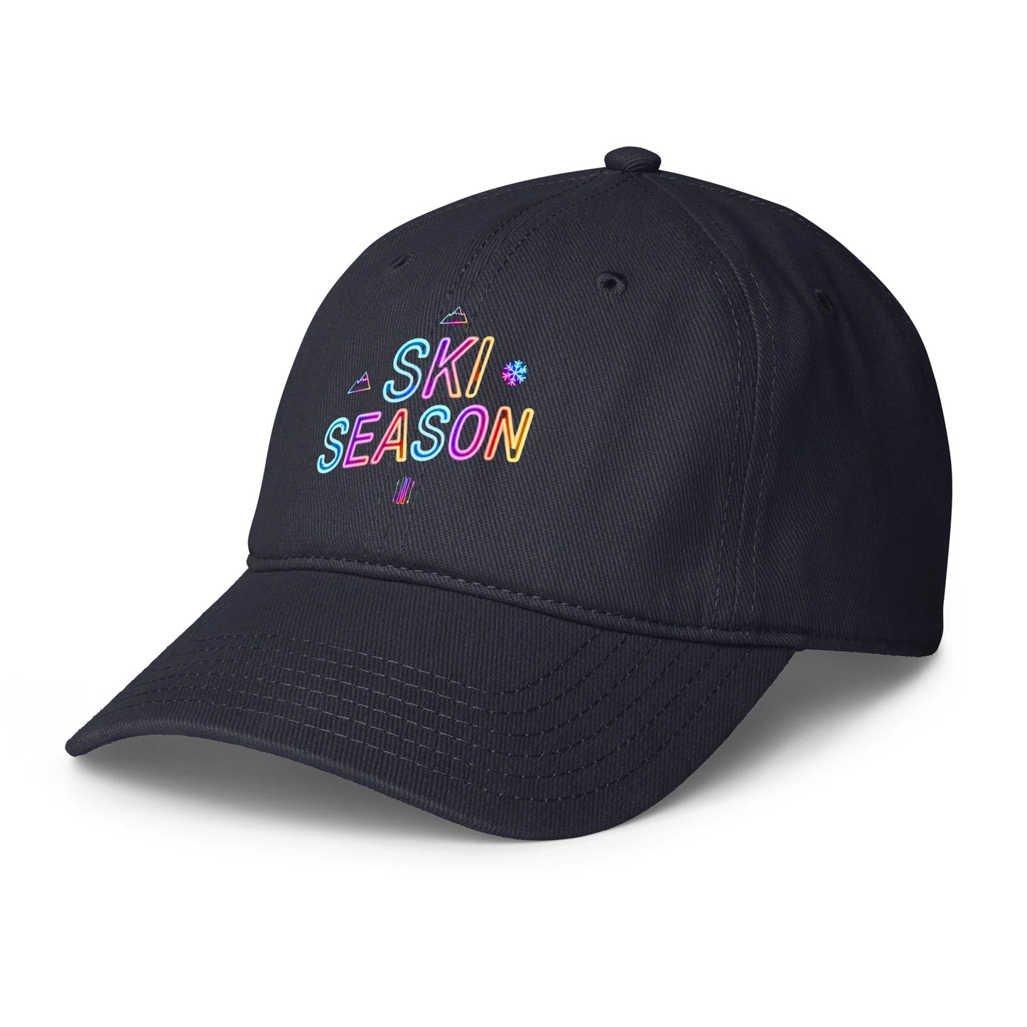 Navy Blue cap with 'Ski Season' text in colorful letters on a white background