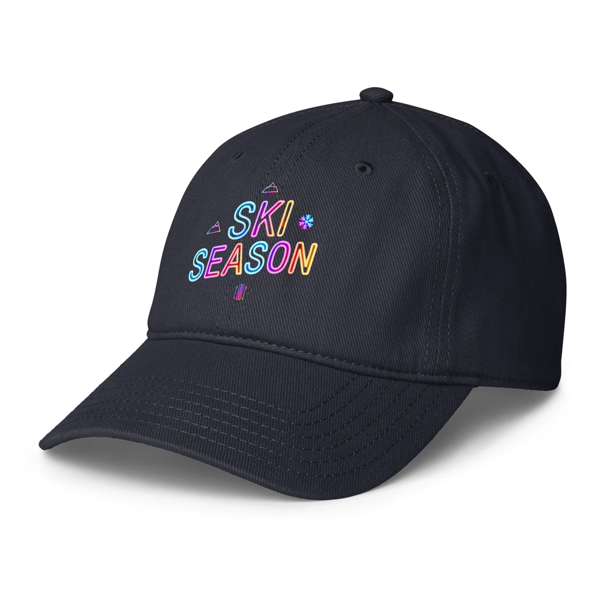 Navy Blue cap with 'Ski Season' text in colorful letters on a white background