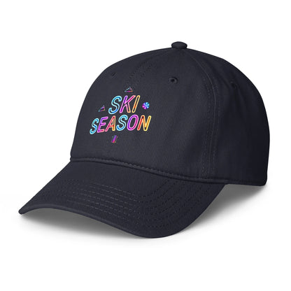 Navy Blue cap with 'Ski Season' text in colorful letters on a white background