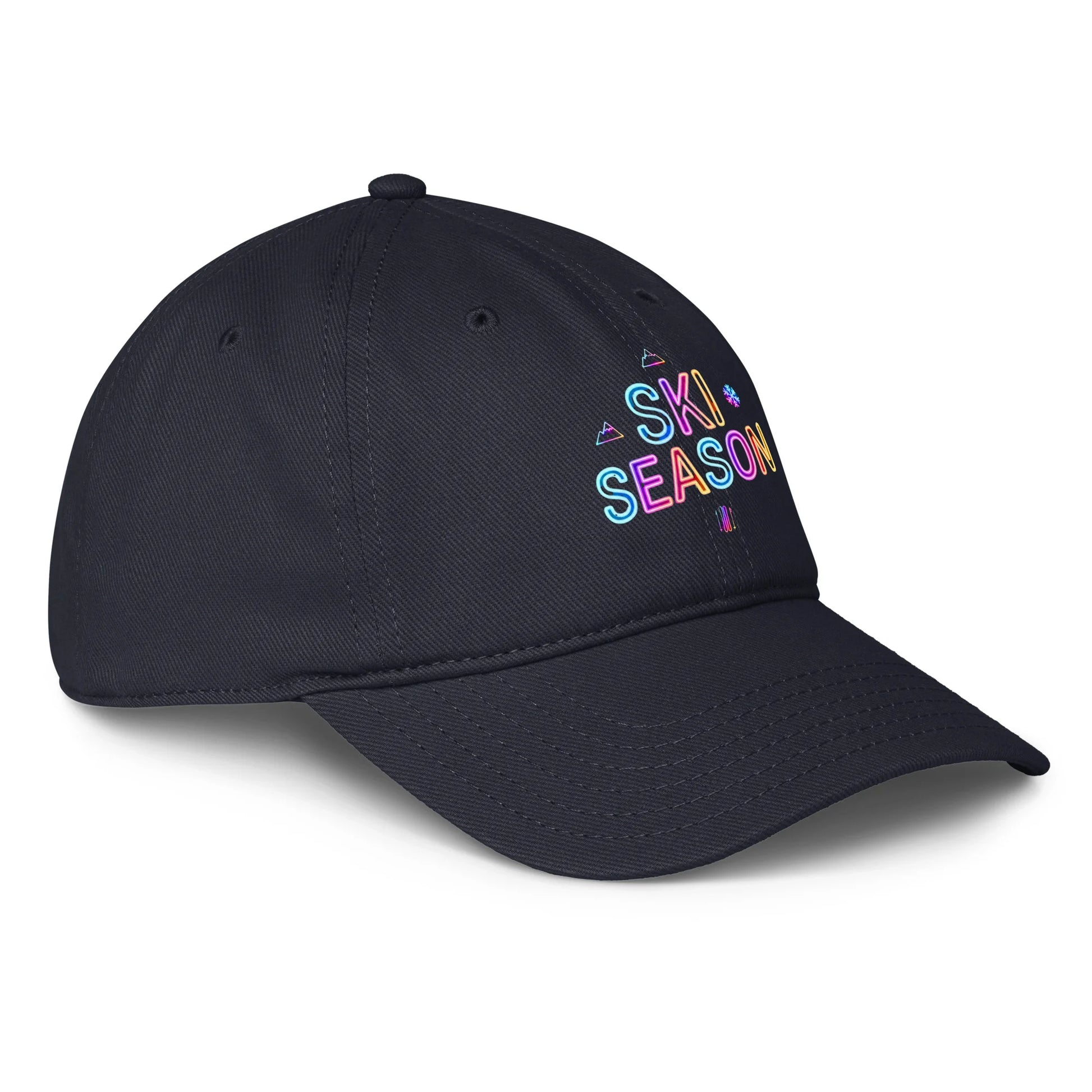 Navy Blue cap with 'Ski Season' text in colorful letters on a white background