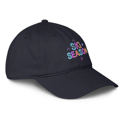 Navy Blue cap with 'Ski Season' text in colorful letters on a white background