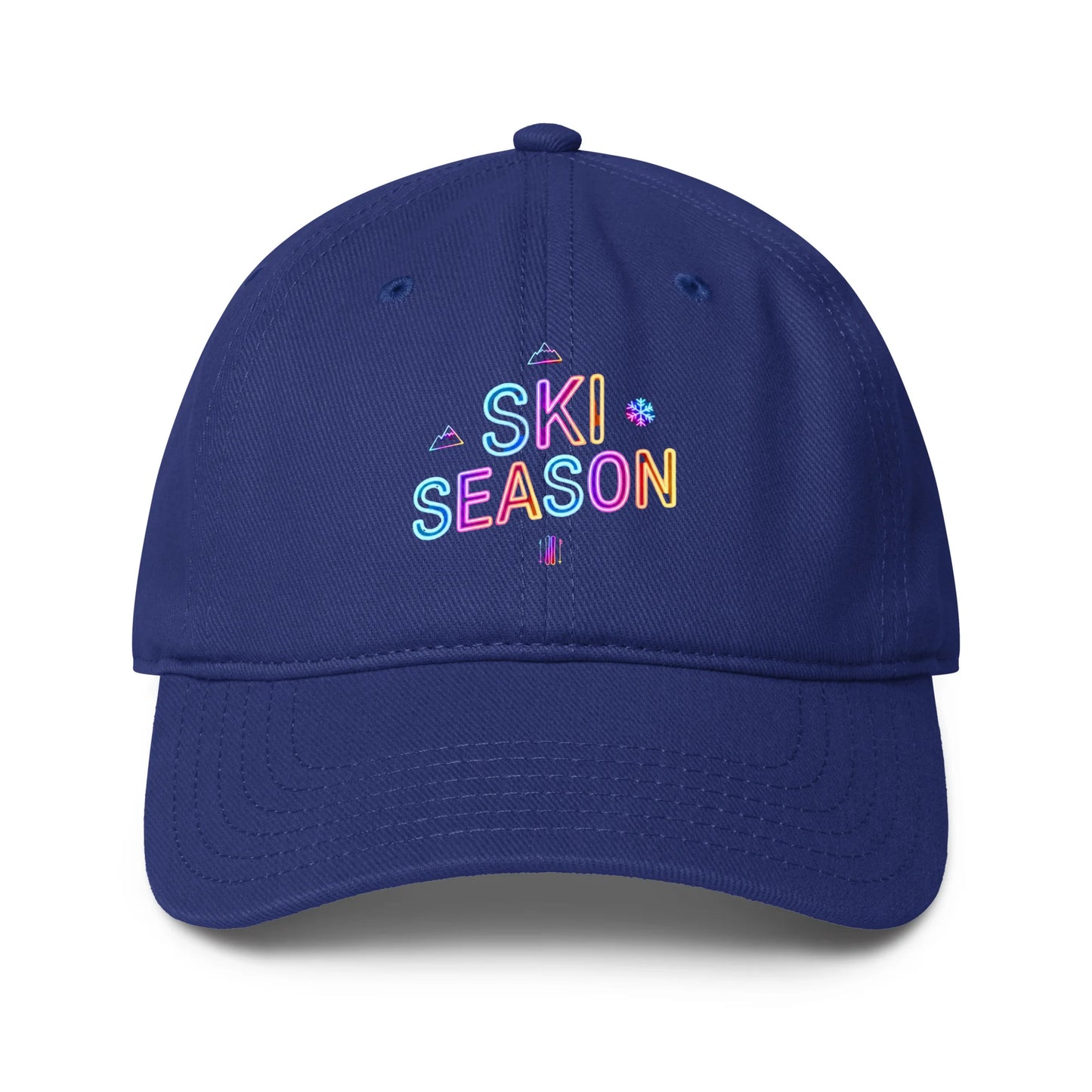 Royal Blue cap with 'Ski Season' text in colorful letters on a white background
