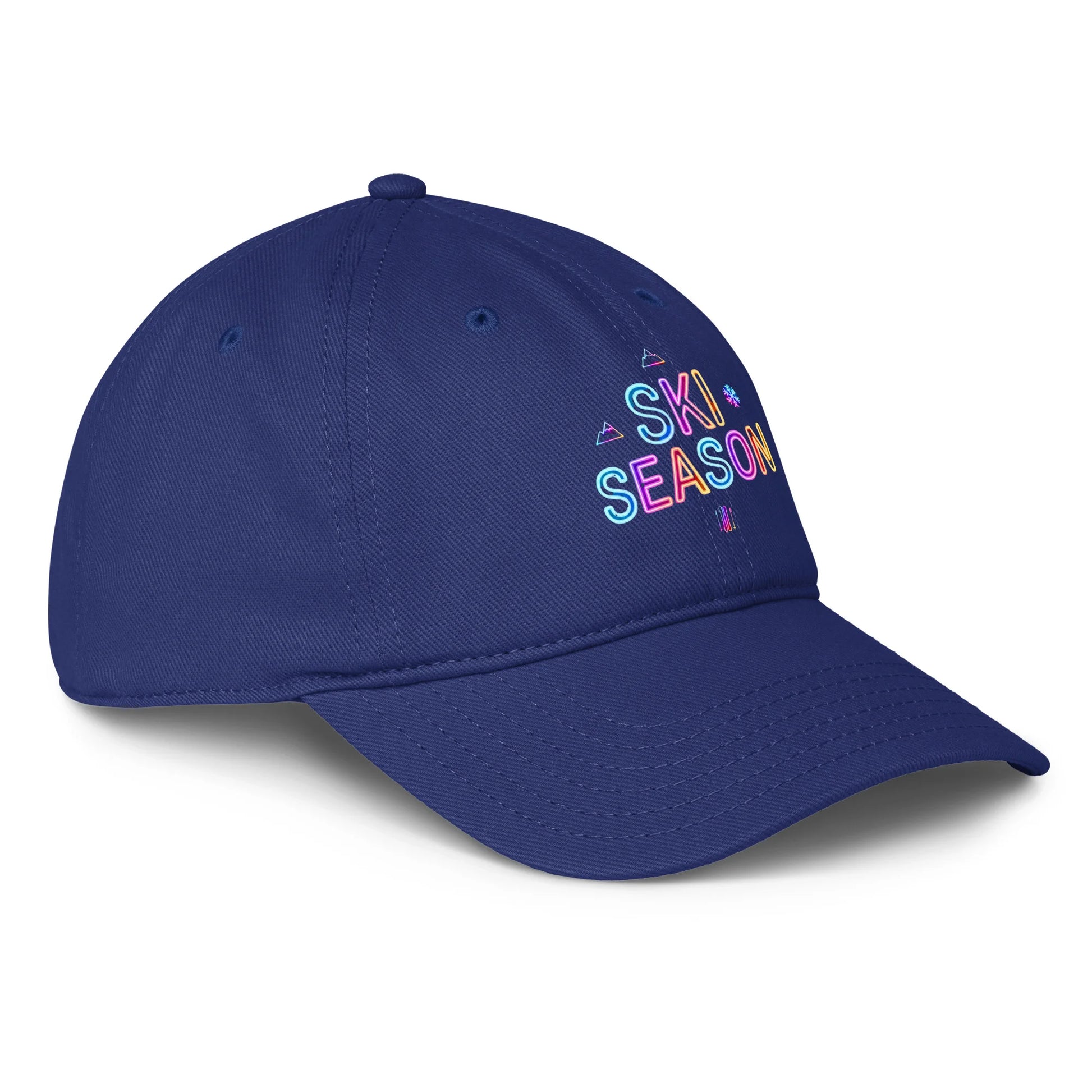 Royal Blue cap with 'Ski Season' text in colorful letters on a white background