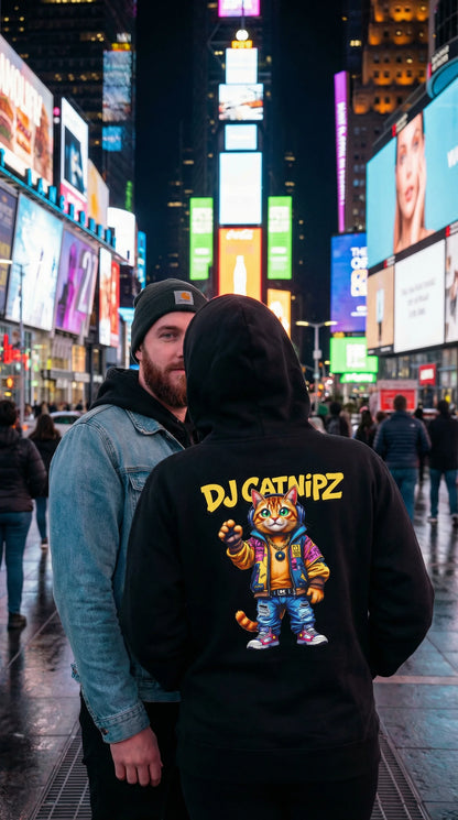 Two people in a city street at night with colorful billboards in the background